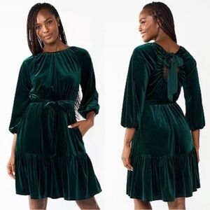 DRAPER JAMES RSVP women’s Long Sleeve Bow Back Dress in velvet green NEW
